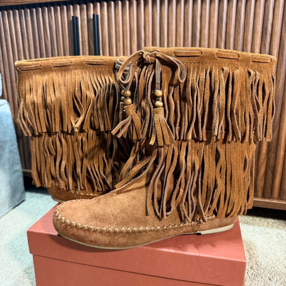 Fringe Moccasin Boots Brown Suede Leather Boho Western Size 7